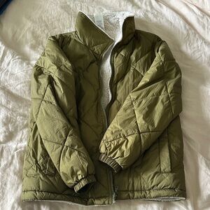 Madewell Olive Quilted Jacket with White Sherpa Lining